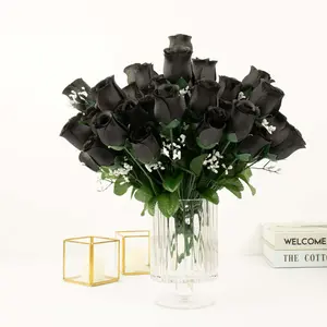12 Bushes Artificial Silk Rose Bud Flowers, Black, 84 Flower Heads