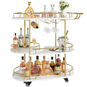 Drinks Trolley, 3 Tier Bar Cart with Wheels and Handle, Serving Trolley with 4 Shelves, Wine Rack and Glass Holders, Home Bar Serving Cart for Kitchen Dining Living Room Gold Finish 87x40x94Cm