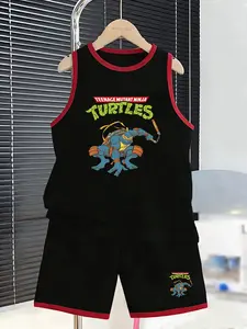 Summer Boys' Ninja Turtle Cartoon Sports Set, Sleeveless Vest & Short Pants Two-Piece, Breathable Casual Wear for School & Outdoor Activities