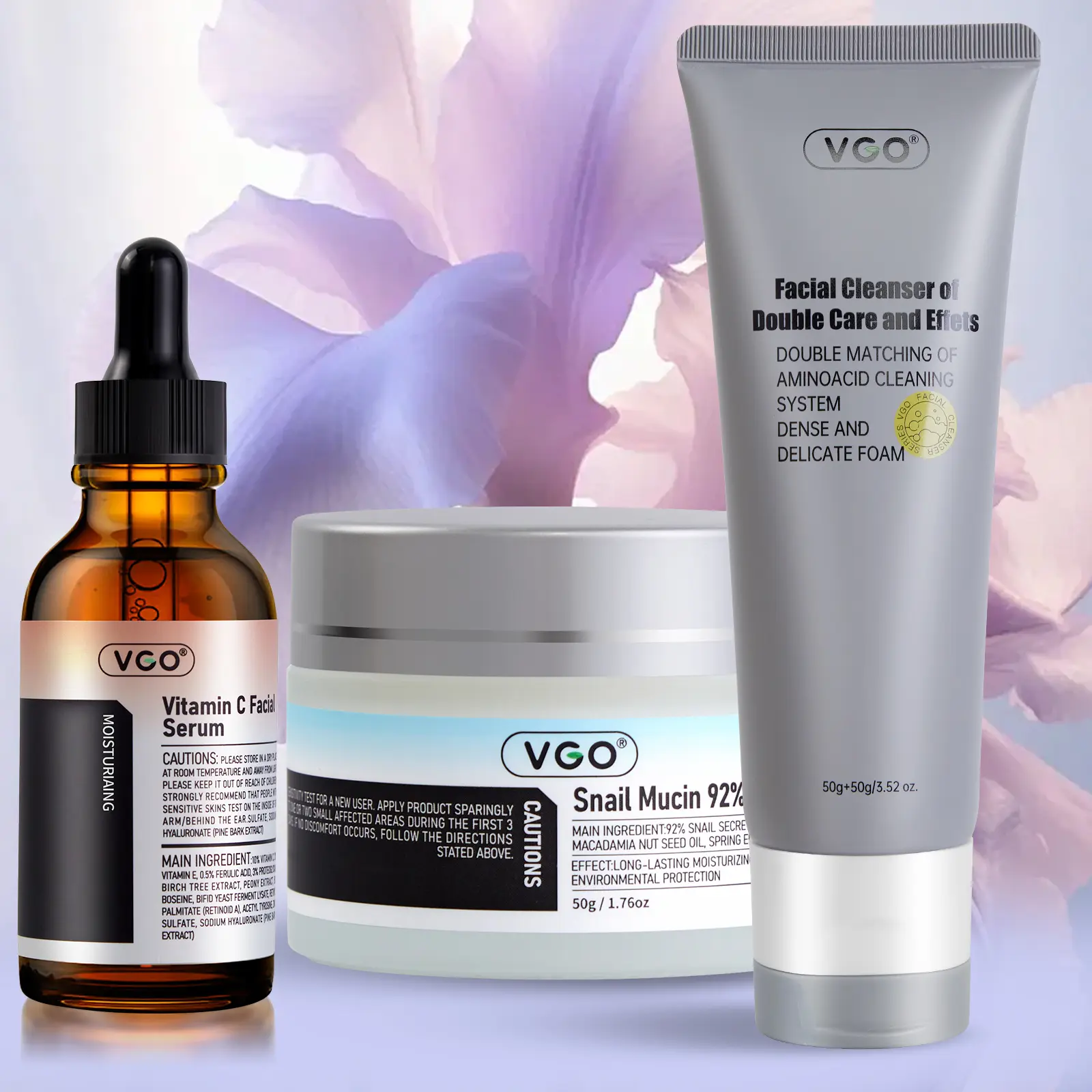 VGO 3-Step Skincare Set with Fresh Charcoal Cleanser, Brightening Vitamin C Serum & Snail Mucin Repair Cream for All Skin Types