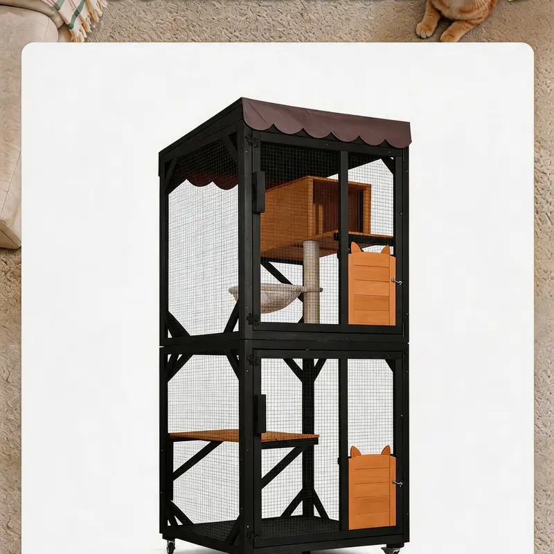 Aivituvin Expandable Large-Medium Enclosed Kitty Catio with Wheels, Built-In Scratch Post, Hammock, Resting Box, Outside Entertainment & Safety Space, Indoor-Patio Scratch & Climb Pet Furniture Set