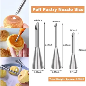 MOONBIFFY 3-Piece Stainless Steel Puff Pastry Nozzle Set for Baking & Pastry Tools - Lightweight, Durable, Eco-Friendly, Food Grade Material, Easy to Clean, Perfect for Puffs, Cupcakes, and Cream