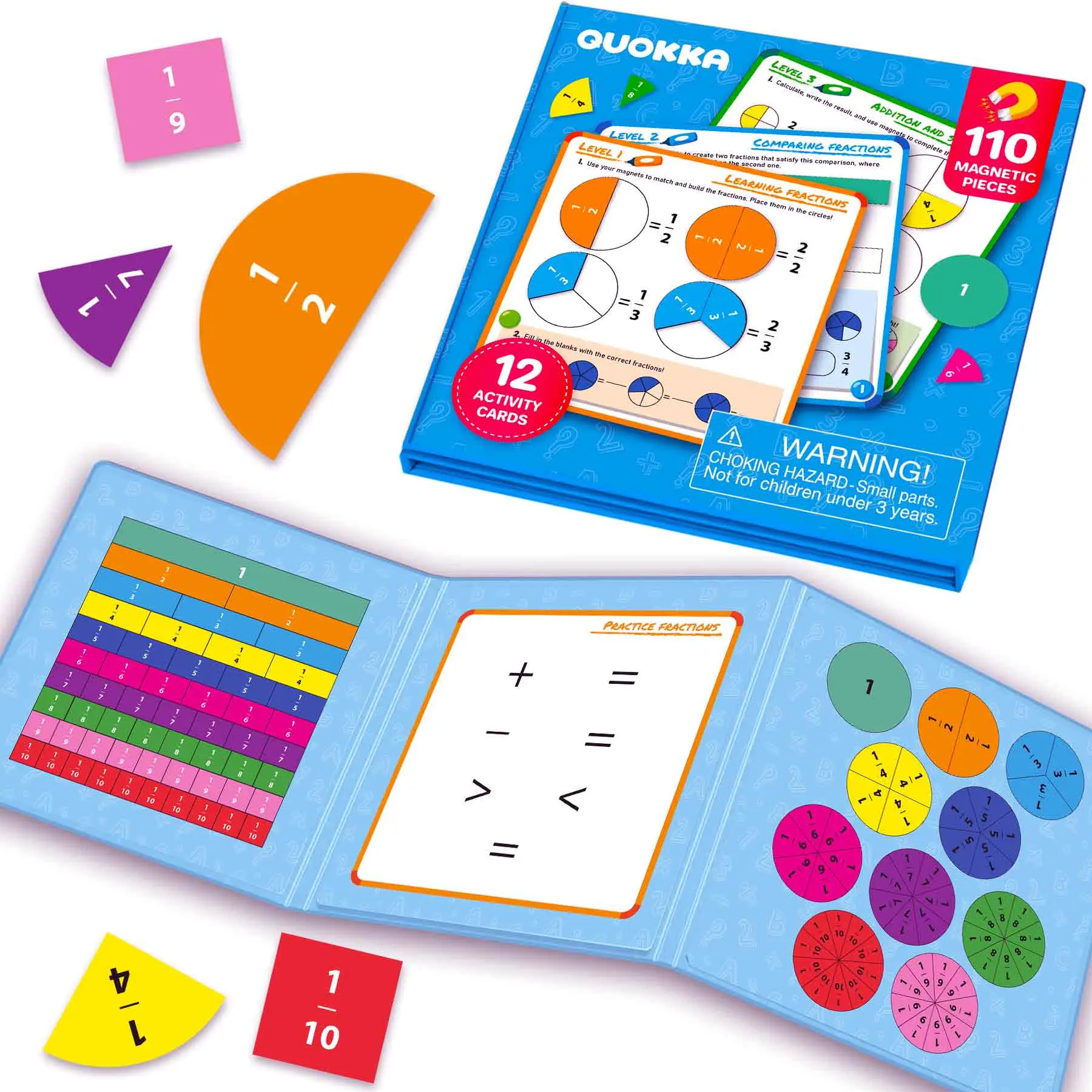 QUOKKA Magnetic Fractions Learning Set - Unisex Screen-Free Math Toy, Visual Math Teaching Aid, Cardboard Hands-On Fraction Games for Kids Ages 6-12, Kids Gifts & Gift Ideas