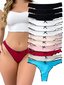DORSU Multicolor Comfort Stretch Cute Thongs Panties Womens Cotton Thongs Soft Comfort Underwear Panty Multipack low-waisted Thong Panty Pack Hi-cut Lettuce Trim Underpants Breathable Briefs Everyday underwear for women thong panties Womenswear Basic