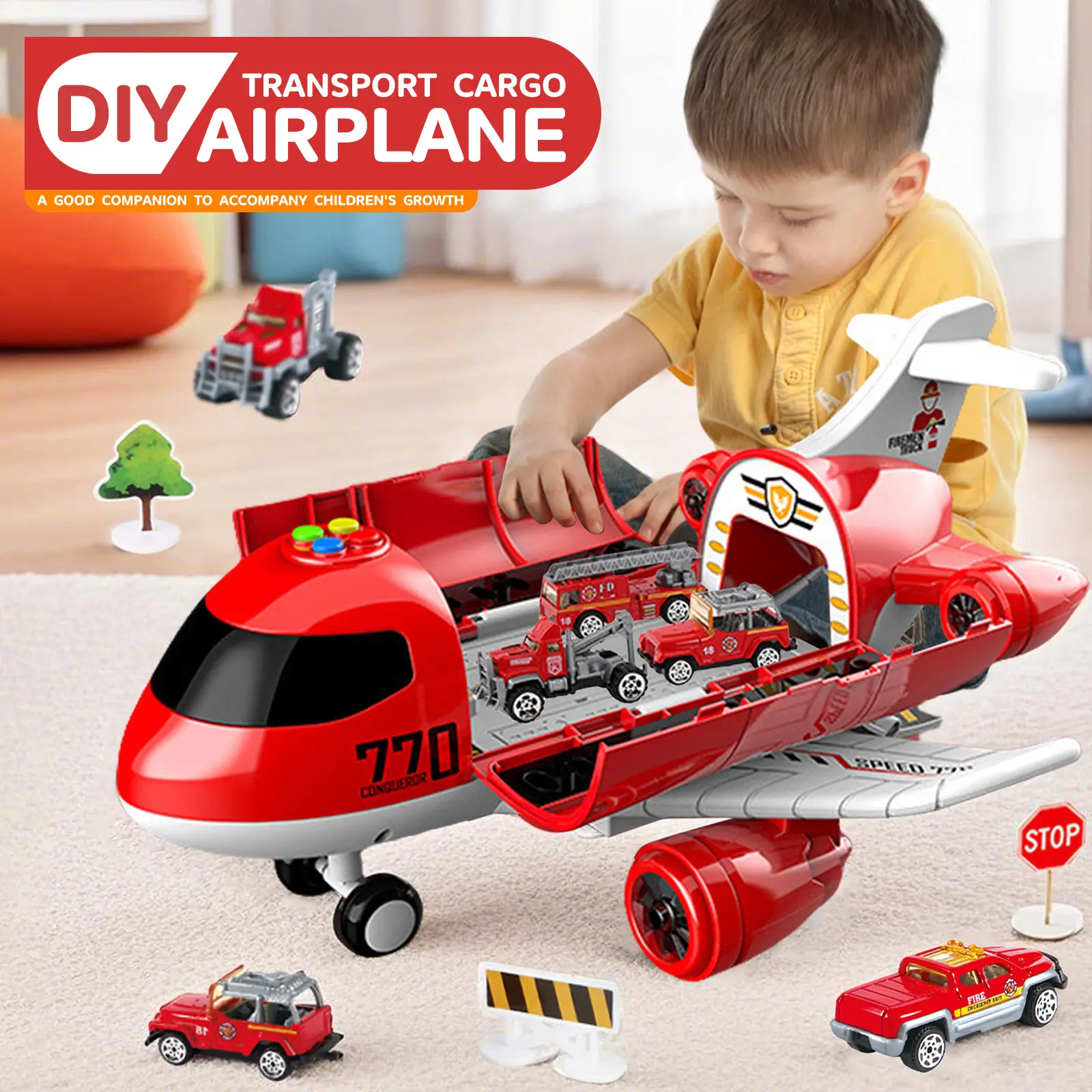 Fire truck inertia pull-back car toy airplane modeling with storage function, transport track, airplane with lighting and sound effects, suitable for birthday gifts for boys and girls over 3 4 5 6 years old