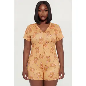 Plus Size Cuddle Buddy Teddy Bear Print Pajama Romper