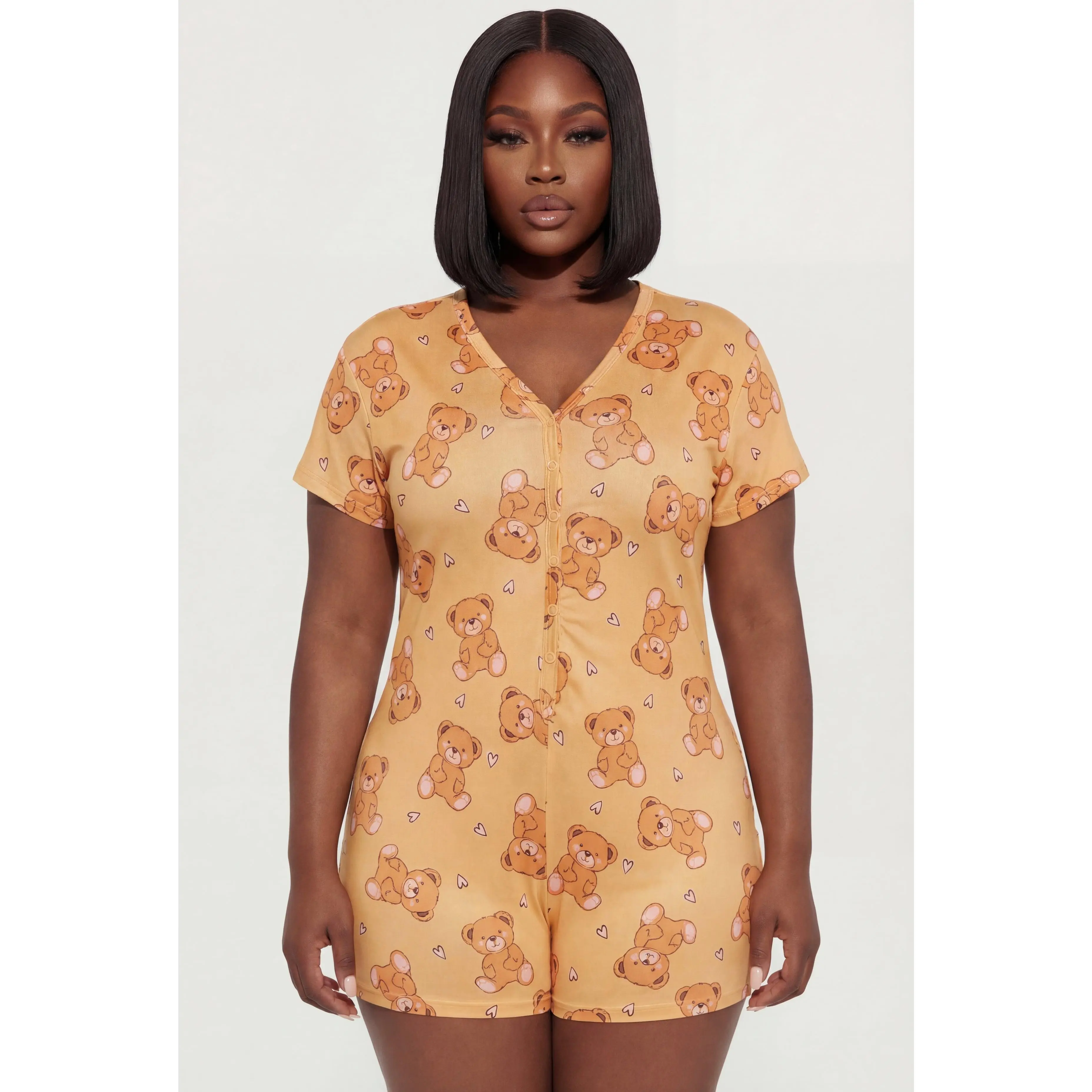 Plus Size Cuddle Buddy Teddy Bear Print Pajama Romper