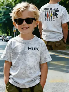 Huk Fishing Theme Vintage Dye Tie-Dye T-Shirt, Catch Ya Later Fun Cartoon Print, Boys Outdoor Casual Fashion Short Sleeve