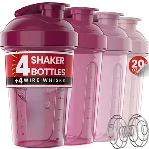 20 Oz 4-Pack Berry Blend Protein Shaker Drink Bottles, Leak-Proof BPA-Free Dishwasher-Safe Gym Accessories with Secure Twist Lid, Removable Mixing Ball for Protein Mixes & Shakes, Drink Bottle