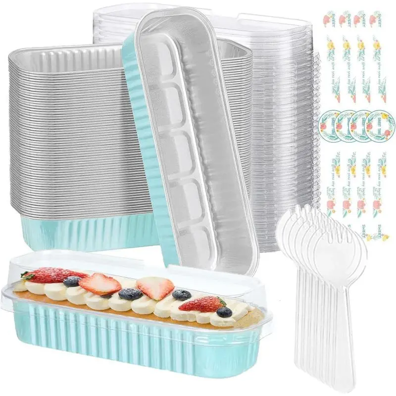 100 Pack Mini Cake Pans with Lids and Spoons,6.8oz Mini Loaf Pans with Lids Cake Tins Rectangular Aluminum Foil Baking Pans with Sealing Sticker Cheesecake Containers