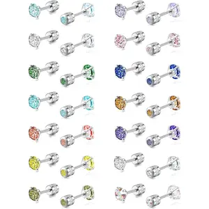 7-14 Pairs Stainless Steel CZ Stud Earrings for Women Multicolor Cubic Zirconia Cartilage Helix Earrings Set Screwback 4MM