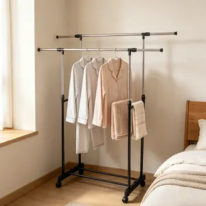 Double Rod Clothes Garment Rack with Wheels, Heavy Duty Portable Rolling Rack, Adjustable Extendable Hanging Rack with Shelf, Collapsible Rolling Closet for Home Laundry Room