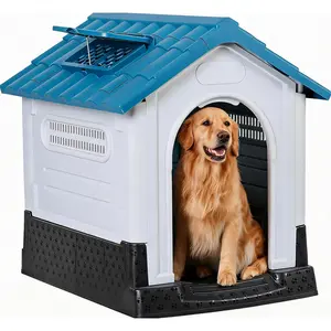 Large Outdoor Dog House Waterproof Plastic, Elevated Floor Dog Shelter with Air Vents for Medium Large Dogs, Easy Clean Pet House with Sloped Roof