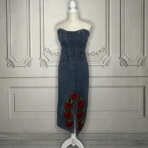 Mexican Embroidered Denim Strapless Dress - Front Slit