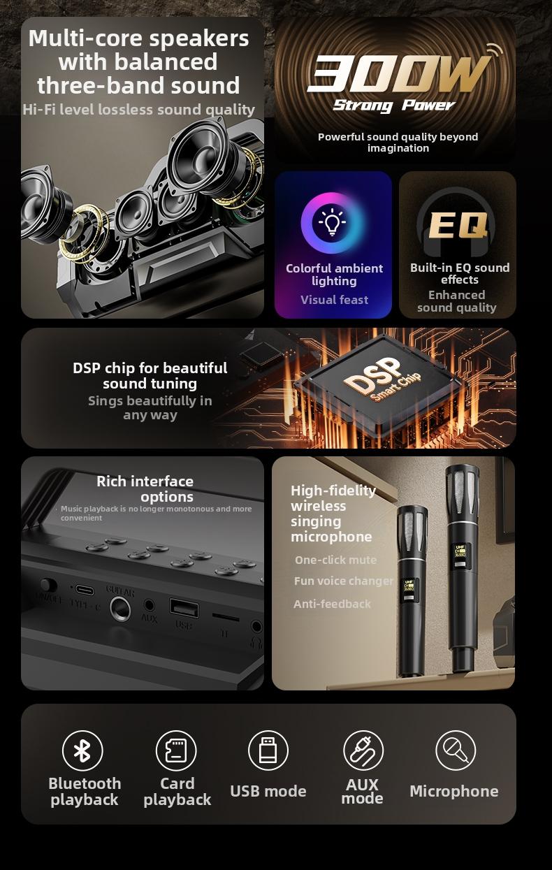 Claison T9 PLUS Outdoor karaoke live streaming speaker, RGB colorful atmosphere lights, dual microphones for high-definition audio, portable power bank, multi-interface compatibility, suitable for live streaming, outdoor use, karaoke.