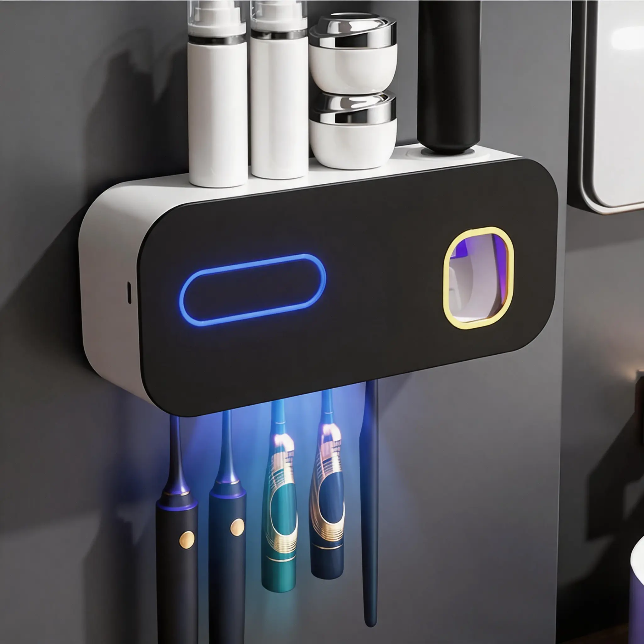UV Sterilization Toothbrush Holder — 5-Slot Family Organizer with Toothpaste Dispenser, No-Drill Wall Mount, 400mAh Battery Capacity with USB Charging Cable, Compatible with Electric and Manual Toothbrushes