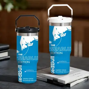 Fashion R-Red Bull Cover Pattern Vacuum Flasks 30oz Stainless Steel Flip Straw Tumbler with Handle Insulated Travel Drinkware | Leakproof Twist Lid | Double Wall Vacuum Insulated BPA-Free Reusable Cup for Gym, Work & Travel