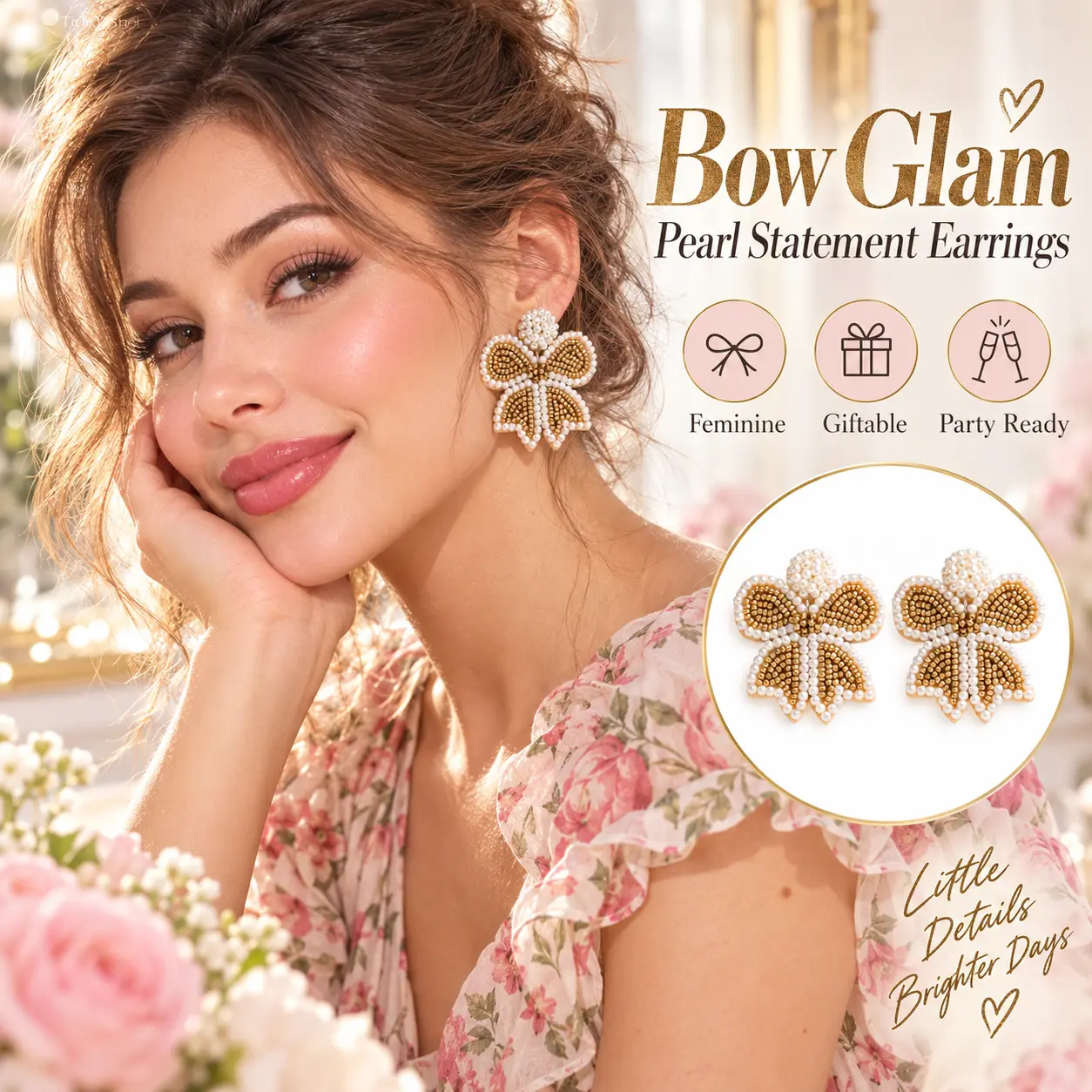 Pearl Bow Statement Earrings for Women, Gold Beaded Bow Earrings, Elegant Faux Pearl Fashion Jewelry, Party Wedding Gift for Her