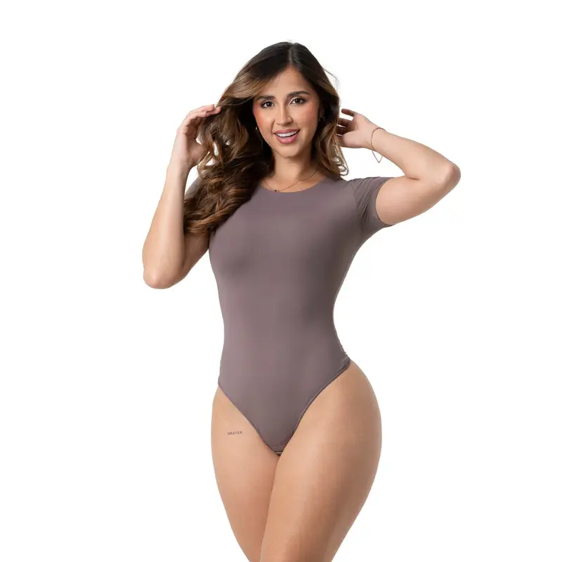 Women's Fitted Salome Seamless Short Sleeve Microfiber Mix Compress Shapewear Bodysuit - Smooth Basic Minimalist Daily Wear, Lightweight Elegant Black Brazilian Thong-Cut Panty Sculpting Garment for Skirts