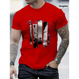 Men'S Stylish Red Graphic T-Shirt - , Short Sleeve Crew Neck, Comfort Fit for All Seasons, Casual Streetwear with Palm Tree & "In Your Big World" Design, Everyday Tshirt |     Bold Graphic Tee |     Smooth Texture Fabric graphic tee