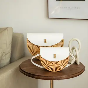 Handwoven bamboo purse summer beach purse crossbody bags for women Natural Bamboo bag with leather strap, women's handmade straw purse wicker beach bag basket purse adjustable strap