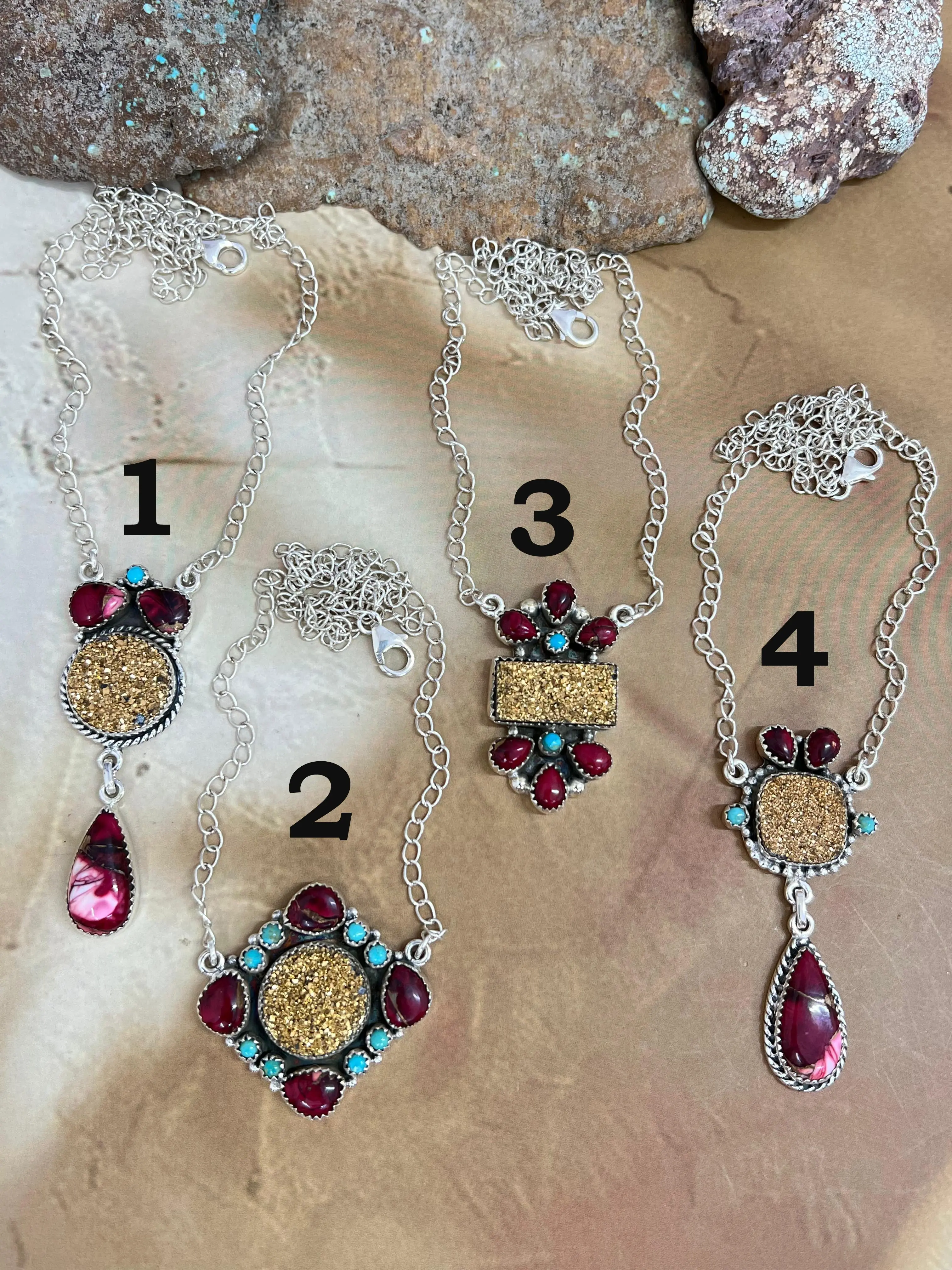Handmade Sterling Silver Dahlia Rose with Druzy & Kingman Necklace, Signed Nizhoni