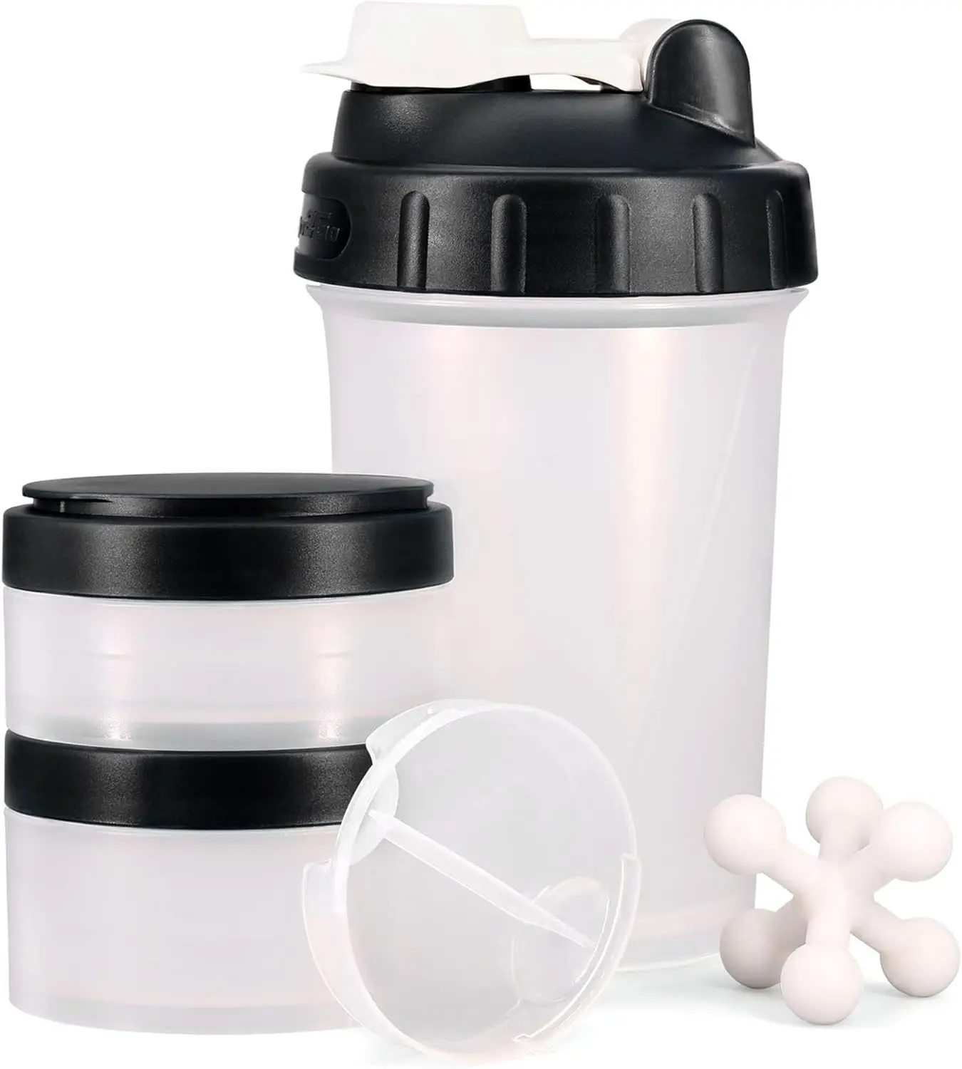 SPORTIC 15oz BPA-Free Sports Bottle Protein Shaker with Mixing Ball, 2 Storage Jars, Measurement Markers for Gym Supplements, Pre-Workout Travel Essentials