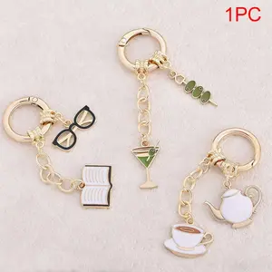 Elegant Zinc Alloy Enamel Finish Keychain, Book Glasses Coffee Tea Pot Martini Olive String Bag Charm, Perfect Gift for Best Friends