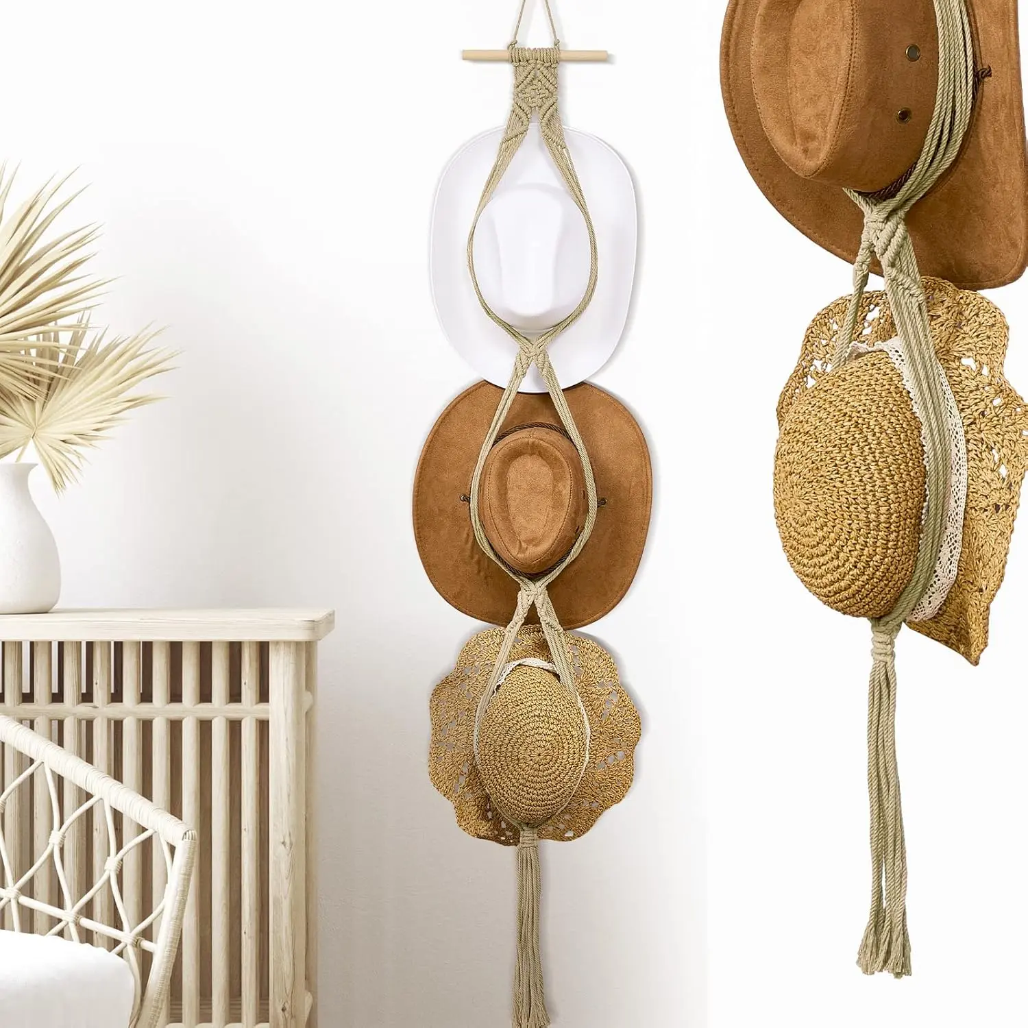 Macrame Hat Hangers Boho Hat Rack Cowboy Hat Hanger  of Door Hat Organizer (Beige,Three Hats Style)