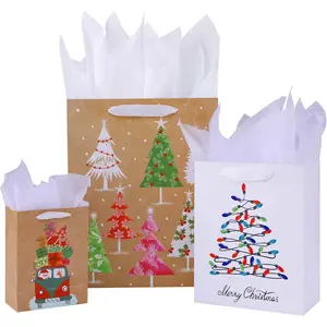 Christmas  Bags with Tissue Paper, 9 Pack Assorted Sizes, Holiday Theme Designs, Large 13x10.2, Medium 9x7, Small 6.3x4.7 inches