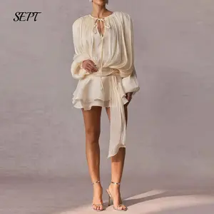Long Sleeve Hollow Out Lacing Ruffle Tiered Dress Women Mini Casual Date Night Dress for Vacation