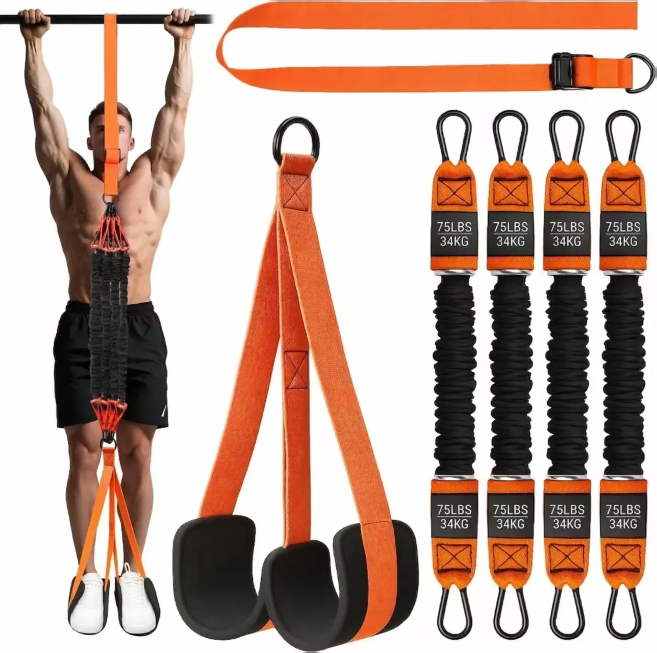 Advanced Pull Up Assist Bands Set - Heavy-Duty 4x75lbs Resistance, Adjustable Workout Straps, Custom Height, Wide Footplate, Calisthenics Tools, Home Gym Fitness Exercise Equipment for Resistance Band Workouts Home Gym Kit