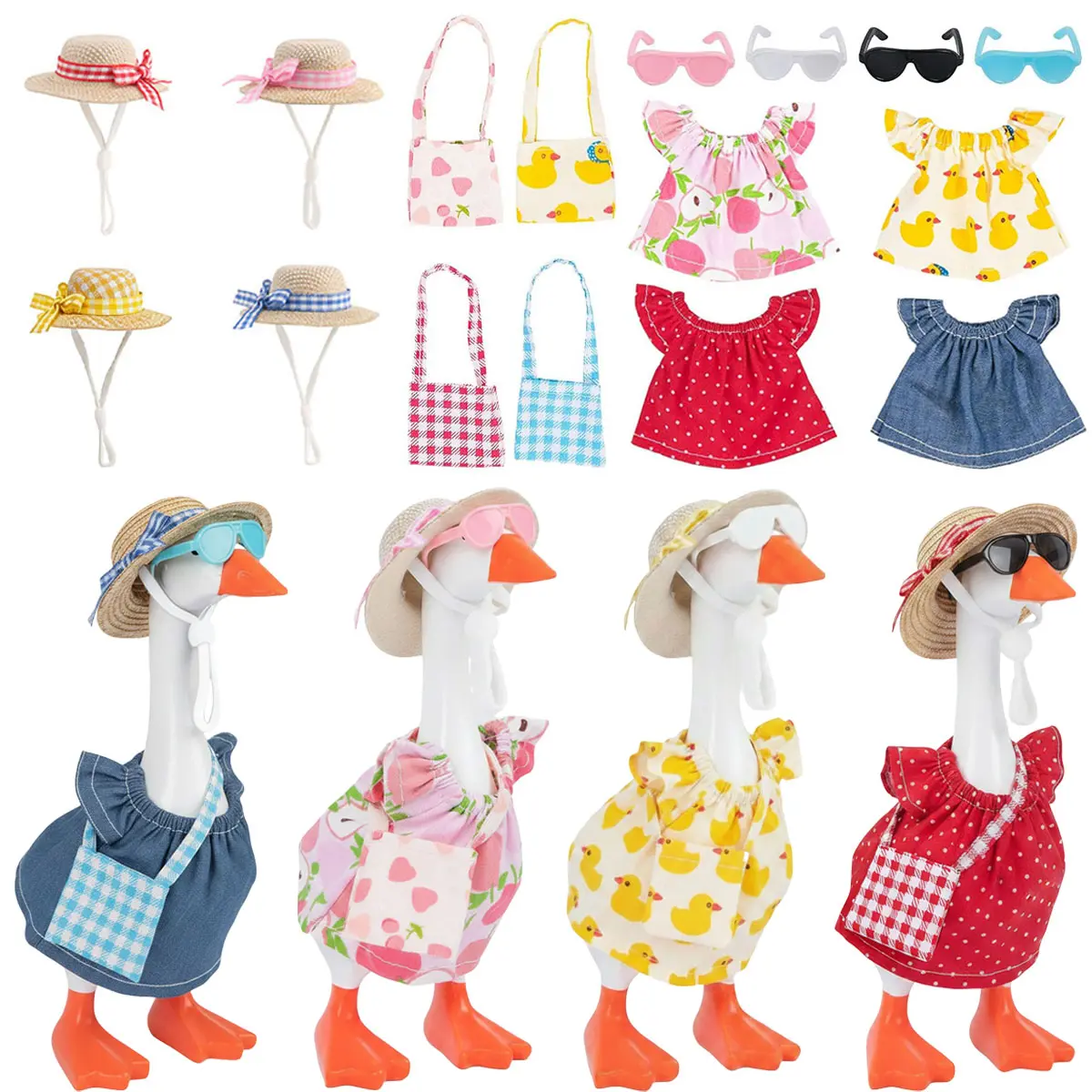 7 Inches Desk Goose Outfits Summer Desk Goose Clothes with Felt Hats Sunglasses Mini Bags and Cute T-Shirts Funny Desktop Goose Accessories