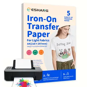5 Sheets A4 Iron-On Heat Transfer Paper for Light Fabrics, Washable Durable Hand-Painted/Inkjet/Laser Printing Transfer Paper, Ideal for DIY Handicraft Crafting Projects (8.3×11.7inches)