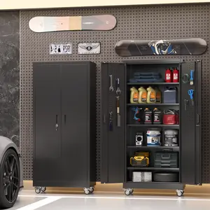 Aobabo 71" Large Metal Rolling Storage Cabinet with Wheels & Lock, Heavy Duty Steel Garage Tool Organizer with Door Pegboards & Hooks, 5 Adjustable Shelves for Home Office, Utility Room, Pantry & Warehouse, Mobile Lockable Black Cupboard
