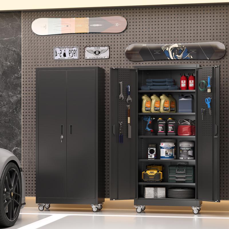 Aobabo 71" Large Metal Rolling Storage Cabinet with Wheels & Lock, Heavy Duty Steel Garage Tool Organizer with Door Pegboards & Hooks, 5 Adjustable Shelves for Home Office, Utility Room, Pantry & Warehouse, Mobile Lockable Black Cupboard