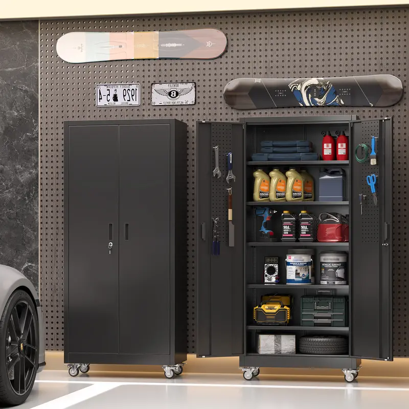 Aobabo 71" Large Metal Rolling Storage Cabinet with Wheels & Lock, Heavy Duty Steel Garage Tool Organizer with Door Pegboards & Hooks, 5 Adjustable Shelves for Home Office, Utility Room, Pantry & Warehouse, Mobile Lockable Black Cupboard