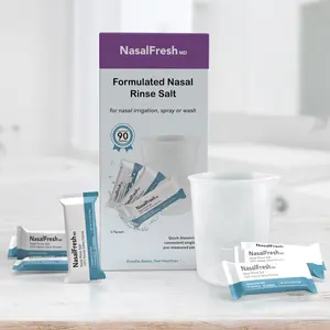 NasalFresh MD Nasal Rinse Salt Refill – 90 Pack with Mixing Cup & Stirrer | Pre-Measured Saline Packets for Daily Sinus Rinses | Natural Drug-Free Relief for Allergies, Cold & Congestion | Compatible with All Irrigation Devices