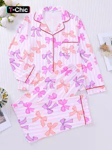 2-piece Full Body Striped Pink Purple Bow Print Long Sleeved Pants Soft and Comfortable Skin Friendly Smooth Elastic Waistband Top Small Pocket Button Closure Suitable for All Seasons Home Casual Wear Pajamas Pajama Set