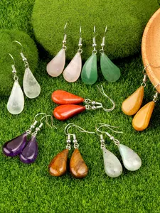 Women's Bohemian Style Natural Stone Crystal Gemstone Leaf Dangle Earrings, Perfect Party & Daily Wear Jewelry Gift