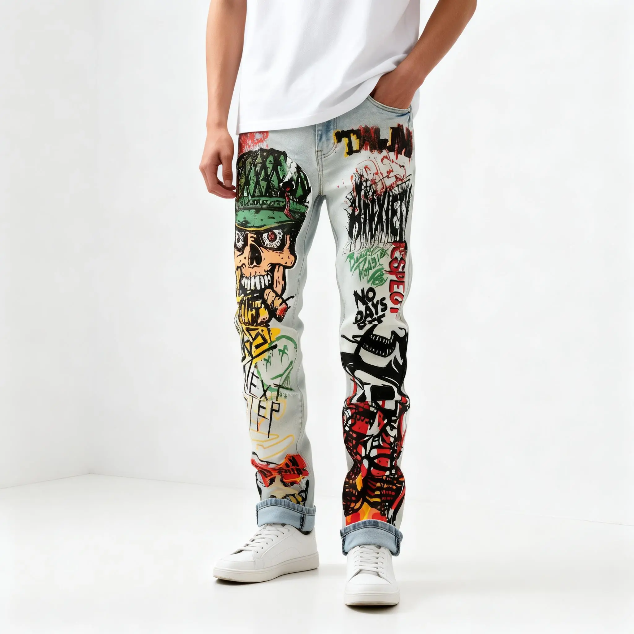 Jeans with Graffiti Prints That Reflect a Versatile And a Retro, Nostalgic Street Fashion Trend.-222  Casual Denim Menswear Streetwear Classic Stretch Stylish Tapered Man skinny jeans baggy jeans for men jeans pants for men selvedge denim levis jeans Basi