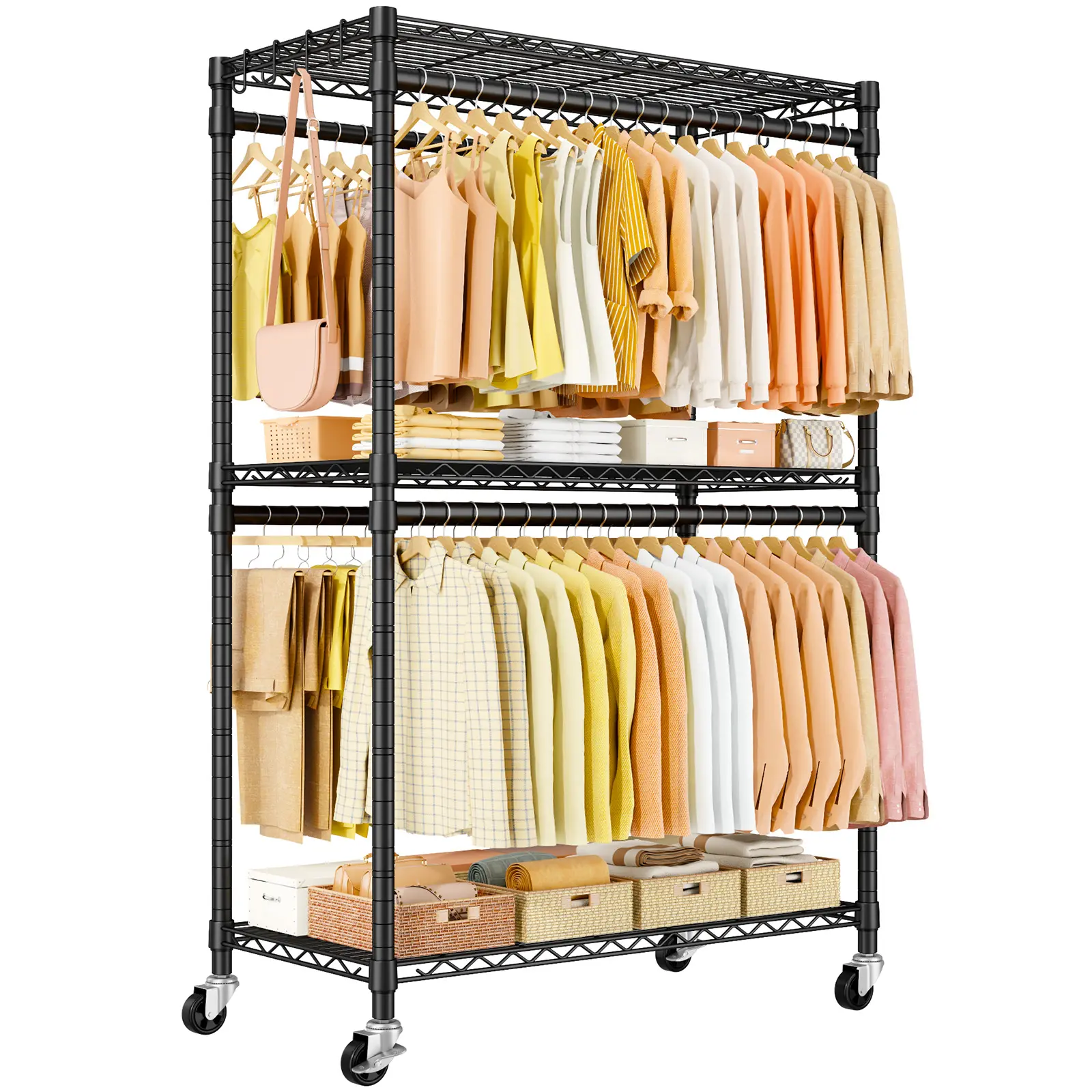 ULIFHOME P5 Plus Rolling Clothes Rack Heavy Duty, Clothing Racks for Hanging Clothes, Metal Garment Rack with Wheels, 3-Tier Portable Closet Rack 45'' W × 20.5'' D × 80.5'' H, Max Load 660 Lbs, Black