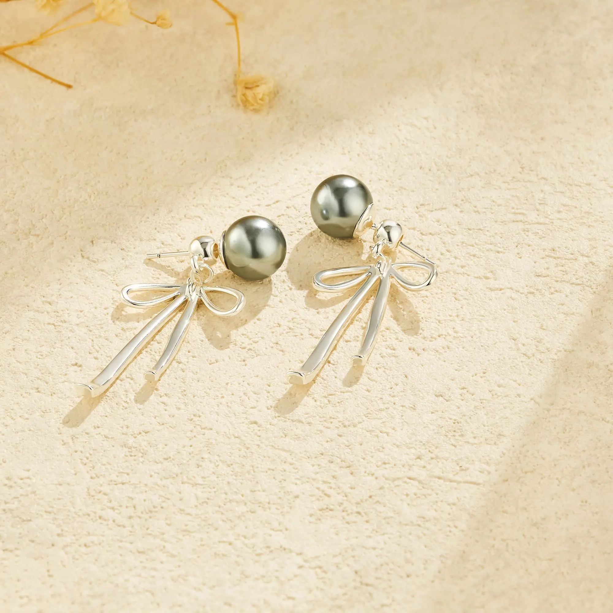 Pearl Earrings for Women Trendy: Flat Back Stud Earrings 14K Gold Plated/925 Sterling Silver Freshwater Pearl Dangle Earrings Cute Bow Earrings Wedding Jewelry Birthday Gifts for Women