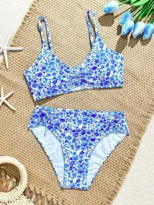 2pcs Tween Girls Plaid & Ditsy Floral Elastic Quick-Dry Comfortable Knit Fabric Tankini Swimsuit Set, Suitable For Swimming Pool, Beach, Surfing, Vacation, Summer Travel Teen Girl Beach Wear Swimsuits