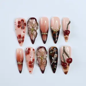 Fall Press On Nails with 3D Floral and Cherry Accents, Long Almond Tortoise Shell Nails in Neutral and Brown Tones for Autumn Look
