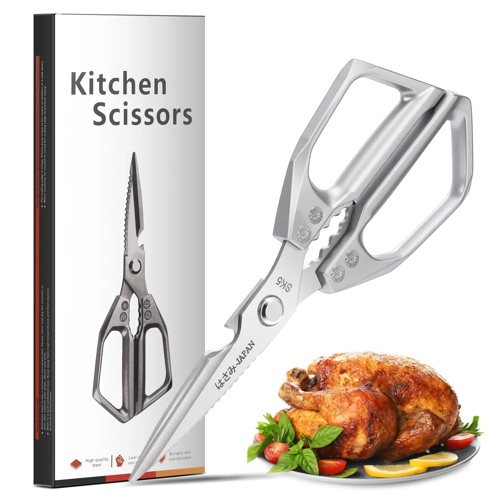 Kitchen Scissors All Purpose -FallFreshness- Stainless Steel Kitchen Shears, Sharp Silver Meat Scissors, Dishwasher Safe, Poultry Shears, Japanese Cooking Scissors for Food, Chicken Bones, and Turkey, Christmas Gift!