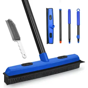 Rubber Broom Carpet Brush with Squeegee, Pet Hair Remover with 52.8 inches Long Handle, Detailing Lint Fur Removal Tool, Silicone Rug Rake for Cleaning Hardwood Floor, Tile, Window (Blue)