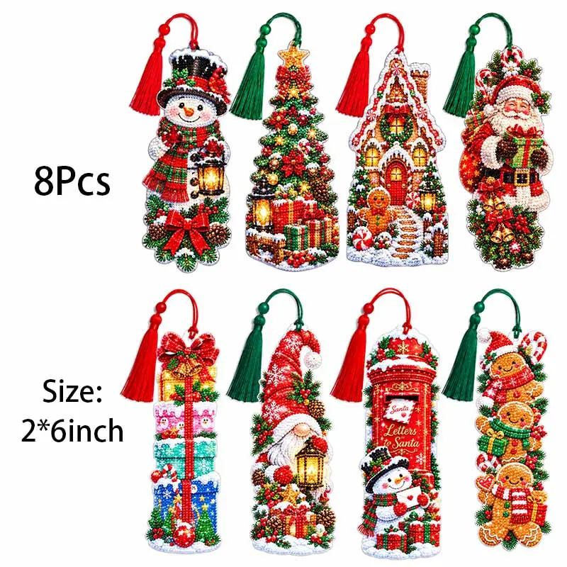 4Pcs/8Pcs DIY Christmas-themed diamond painting bookmark kit; suitable for use as Christmas tree ornaments or as corner bookmarks for book lovers; includes all necessary materials.Eco-friendly upgraded cardstock.