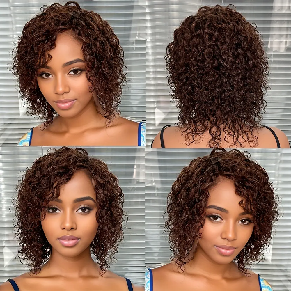 Short Curly Wig] Human Hair Short Curly Wigs - Chocolate  display picture 3