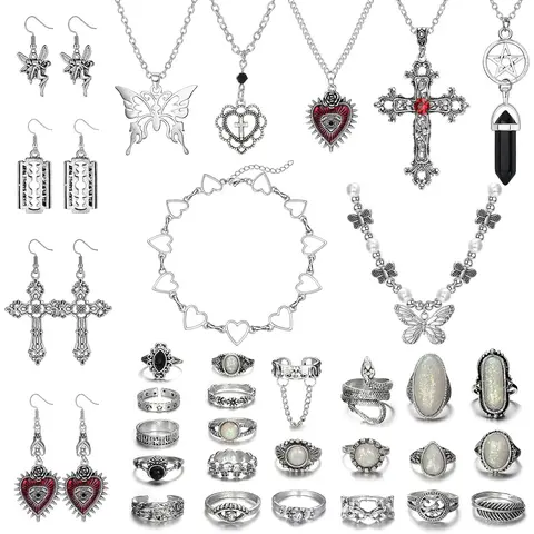 Women's 33Pcs Grunge Vintage Punk Gothic Fashion Accessory Set - Mix & Match, Durable for Daily Wear, Own the Look - Butterfly Pendent, Fairy Crystal, Y2k Cross, Heart Choker, Stackable Adjustable Knuckle Rings, Earrings, Boho Accessories